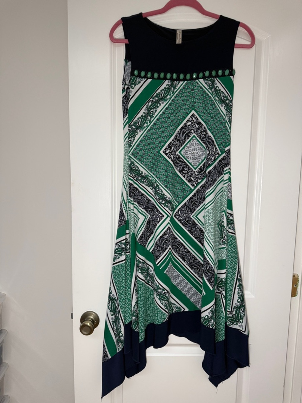 PerSeption Concept Green Black Geometric dress with Asymmetrical Hem